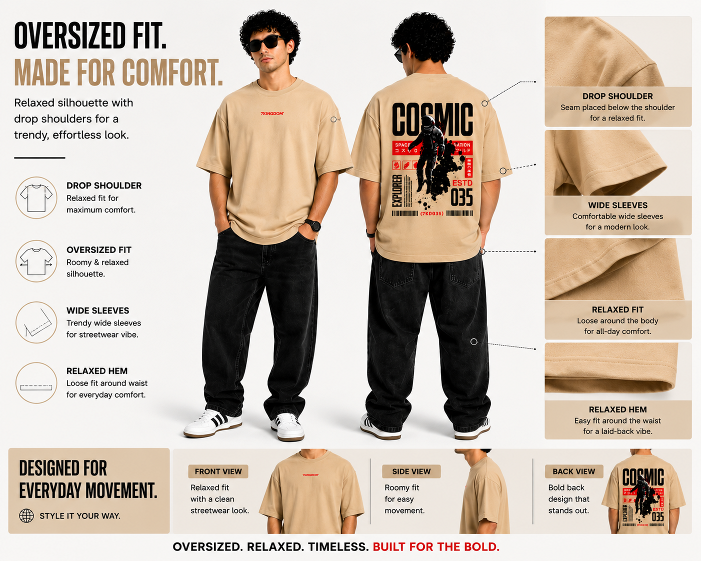 7KINGDOM Beige Cosmic Oversized Tee – 240 GSM Streetwear Fit