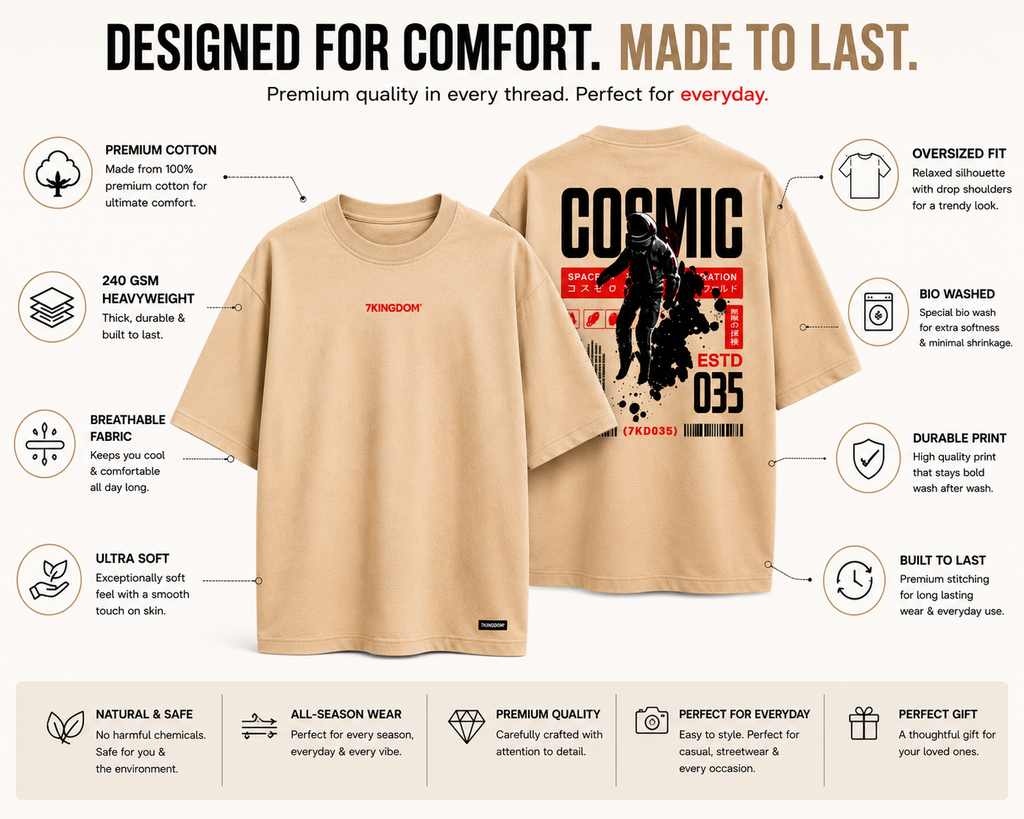 7KINGDOM Beige Cosmic Oversized Tee – 240 GSM Streetwear Fit