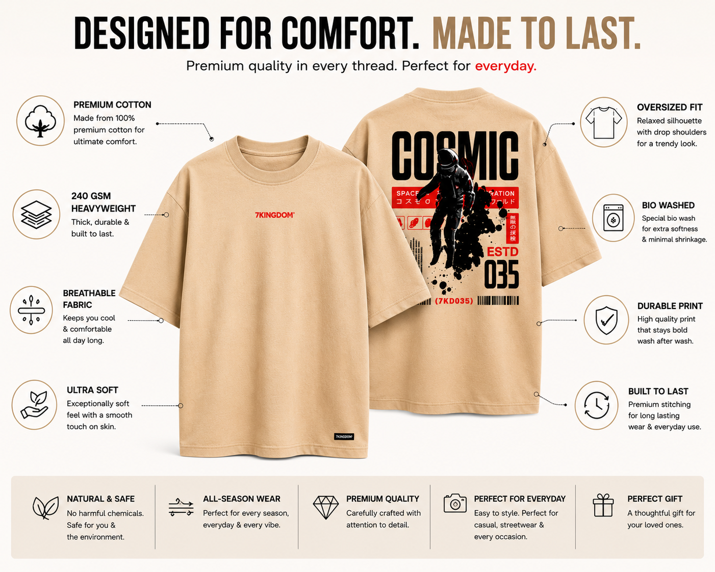 7KINGDOM Beige Cosmic Oversized Tee – 240 GSM Streetwear Fit