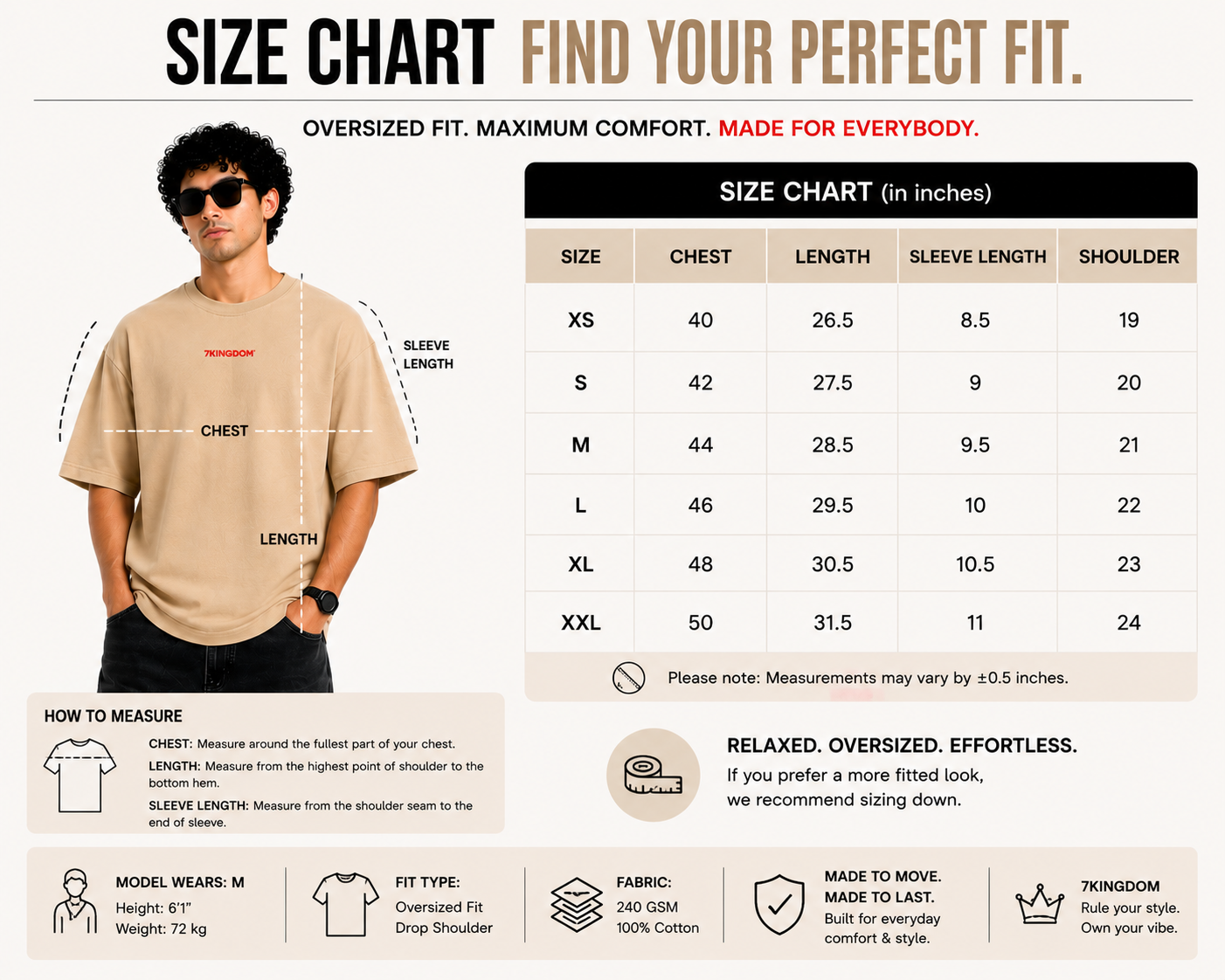 7KINGDOM Beige Cosmic Oversized Tee – 240 GSM Streetwear Fit
