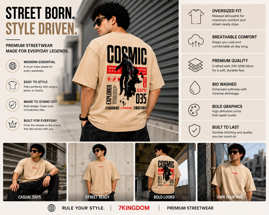 7KINGDOM Beige Cosmic Oversized Tee – 240 GSM Streetwear Fit