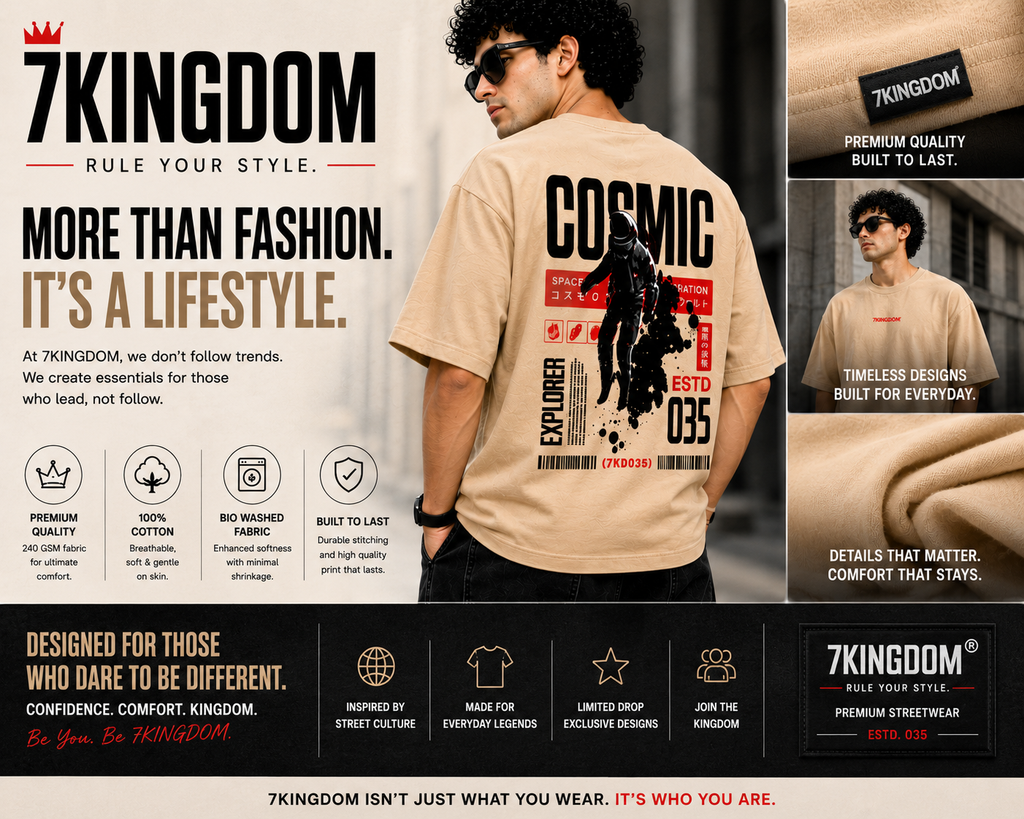 7KINGDOM Beige Cosmic Oversized Tee – 240 GSM Streetwear Fit