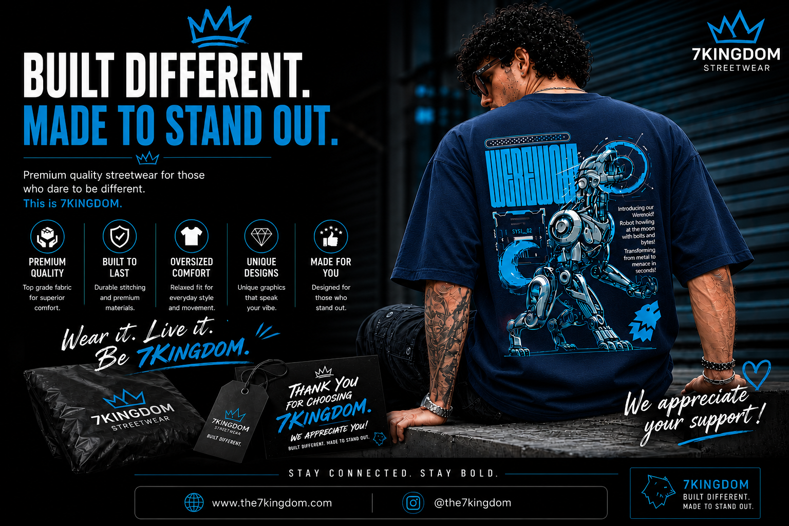 7KINGDOM Oversized Werewolf Graphic T-Shirt for Men | 240 GSM Heavyweight Cotton | Bio Washed Drop Shoulder Oversize Tee | Premium Streetwear TEAL BLUE