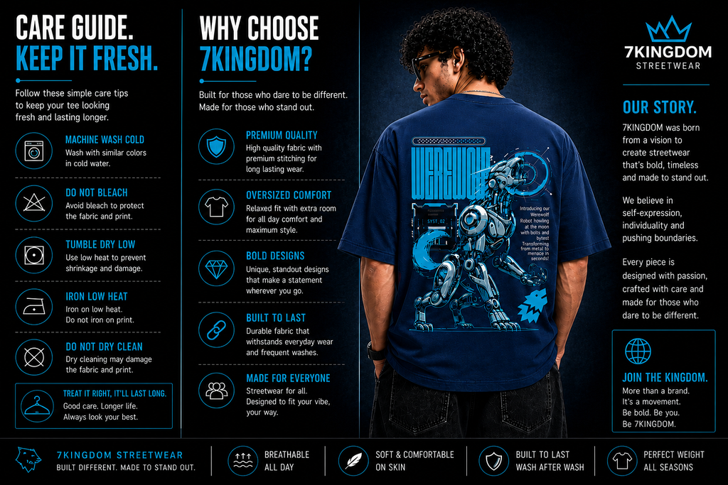 7KINGDOM Oversized Werewolf Graphic T-Shirt for Men | 240 GSM Heavyweight Cotton | Bio Washed Drop Shoulder Oversize Tee | Premium Streetwear TEAL BLUE