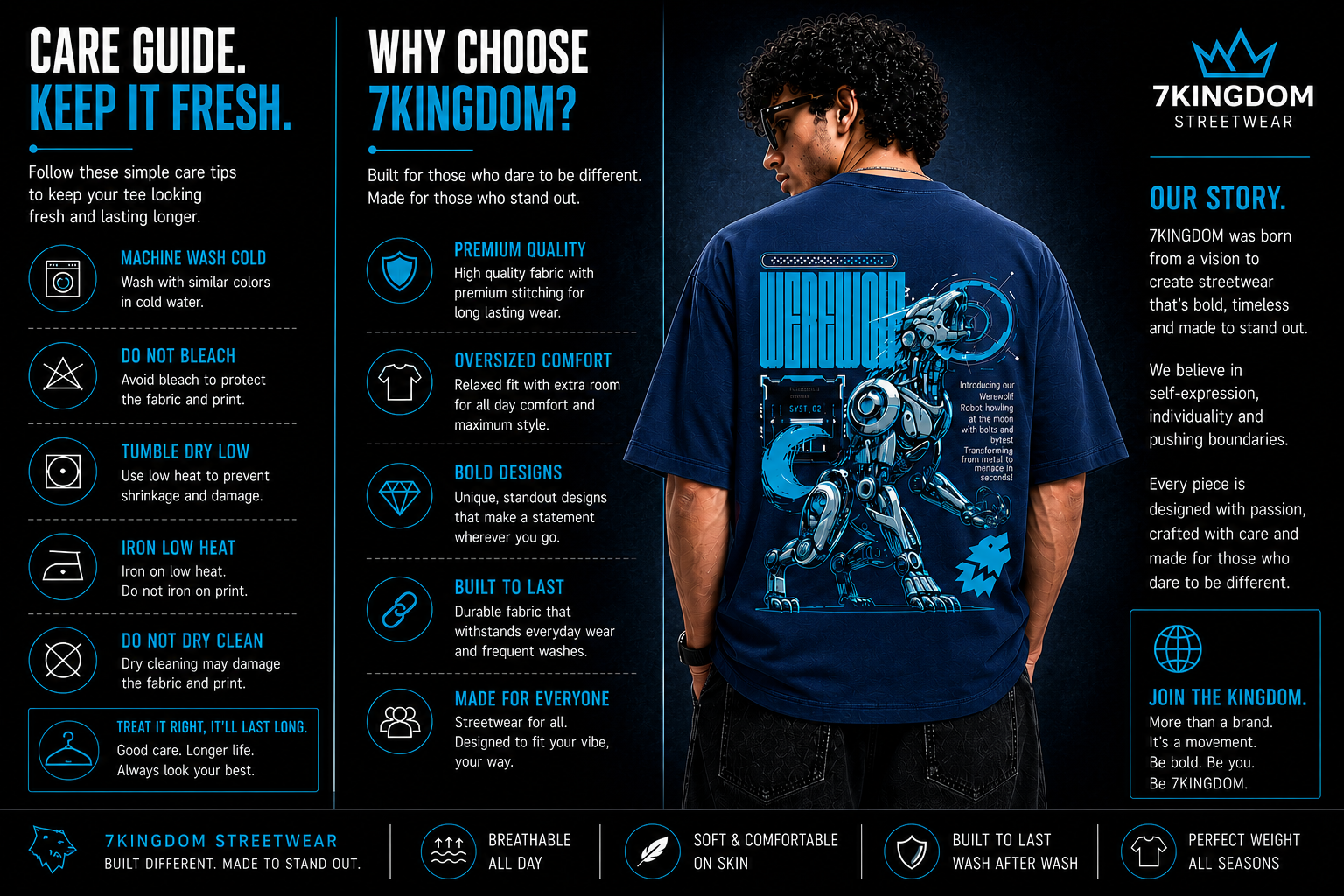 7KINGDOM Oversized Werewolf Graphic T-Shirt for Men | 240 GSM Heavyweight Cotton | Bio Washed Drop Shoulder Oversize Tee | Premium Streetwear TEAL BLUE