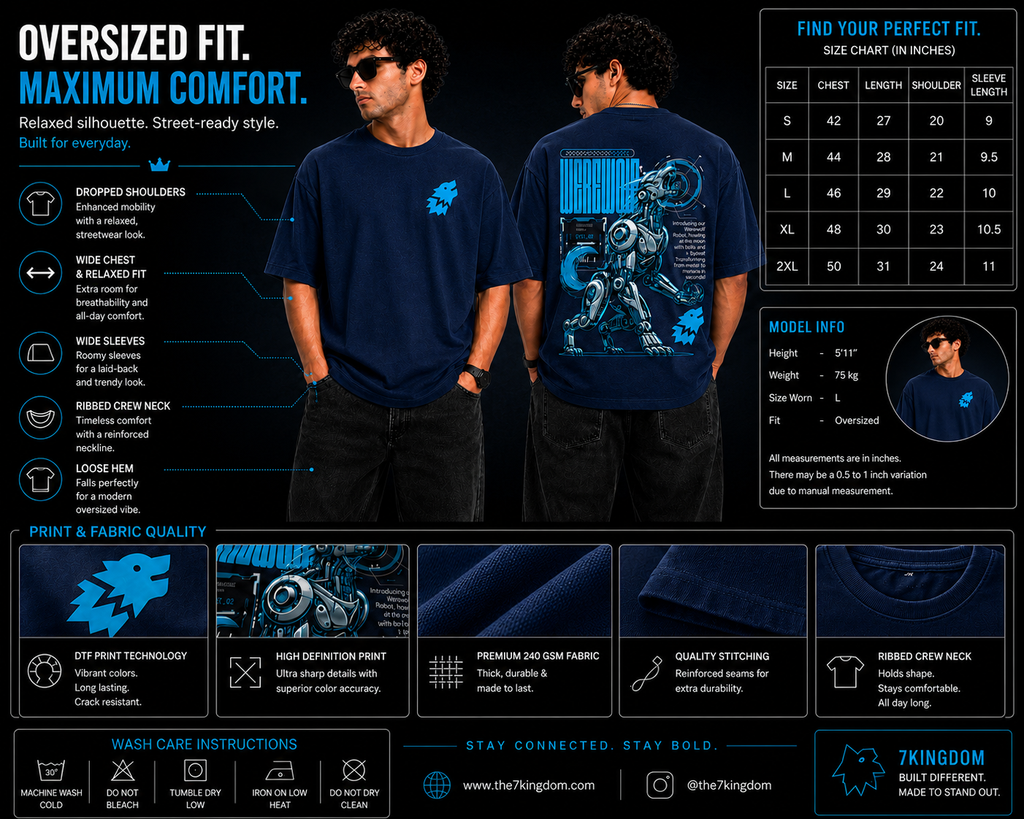 7KINGDOM Oversized Werewolf Graphic T-Shirt for Men | 240 GSM Heavyweight Cotton | Bio Washed Drop Shoulder Oversize Tee | Premium Streetwear TEAL BLUE