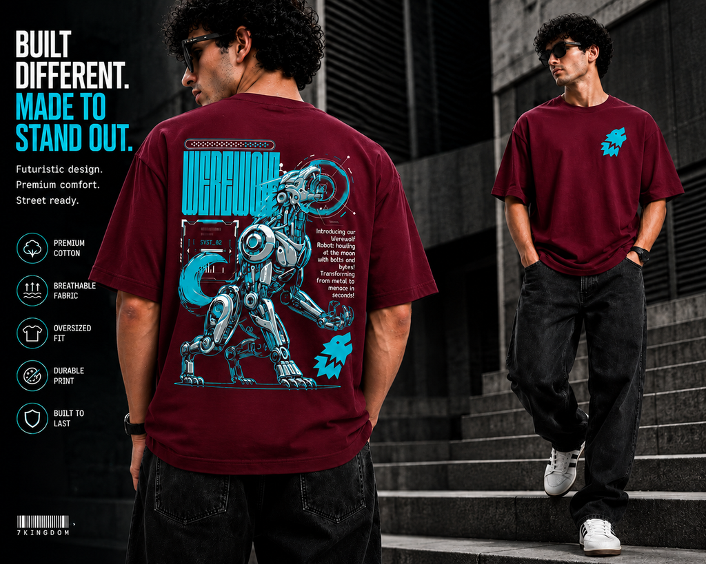 7KINGDOM Oversized Werewolf Graphic T-Shirt for Men | 240 GSM Heavyweight Cotton | Bio Washed Drop Shoulder Oversize Tee | Premium Streetwear MAROON