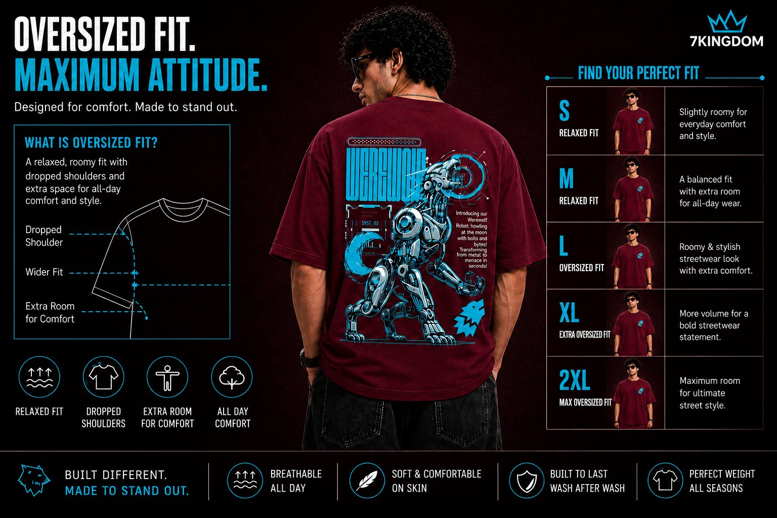 7KINGDOM Oversized Werewolf Graphic T-Shirt for Men | 240 GSM Heavyweight Cotton | Bio Washed Drop Shoulder Oversize Tee | Premium Streetwear MAROON