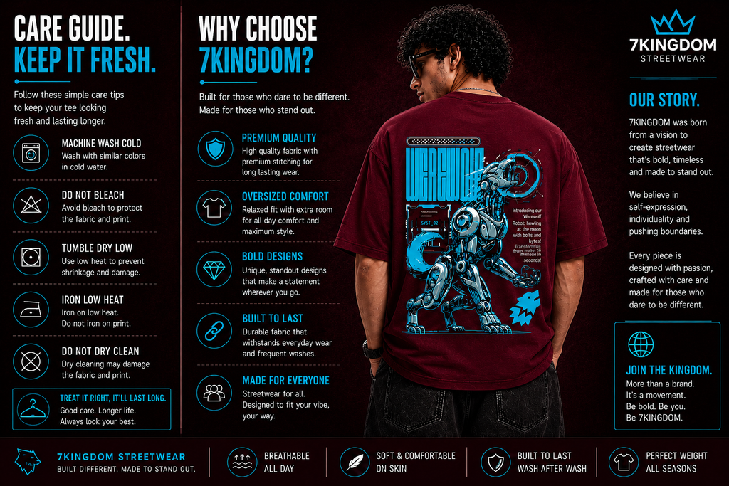 7KINGDOM Oversized Werewolf Graphic T-Shirt for Men | 240 GSM Heavyweight Cotton | Bio Washed Drop Shoulder Oversize Tee | Premium Streetwear MAROON