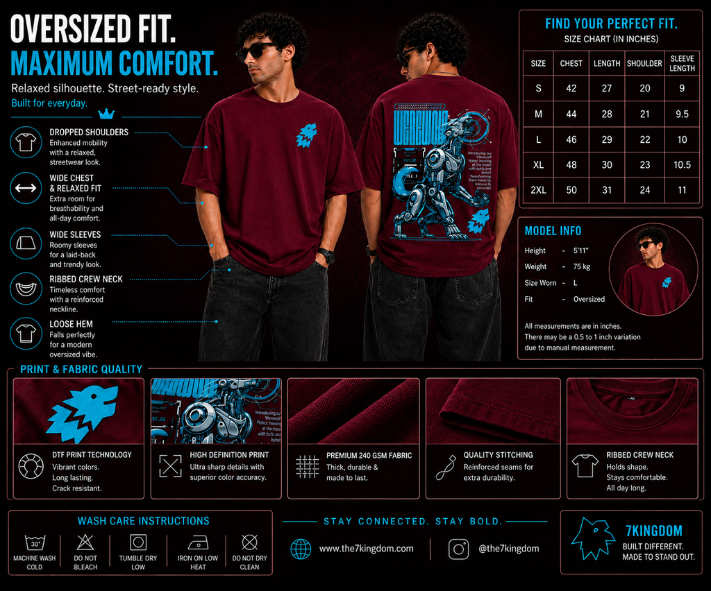 7KINGDOM Oversized Werewolf Graphic T-Shirt for Men | 240 GSM Heavyweight Cotton | Bio Washed Drop Shoulder Oversize Tee | Premium Streetwear MAROON