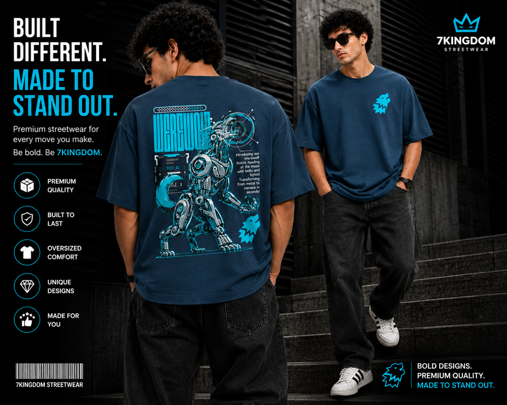 7KINGDOM Oversized Werewolf Graphic T-Shirt for Men | 240 GSM Heavyweight Cotton | Bio Washed Drop Shoulder Oversize Tee | Premium Streetwear TEAL BLUE