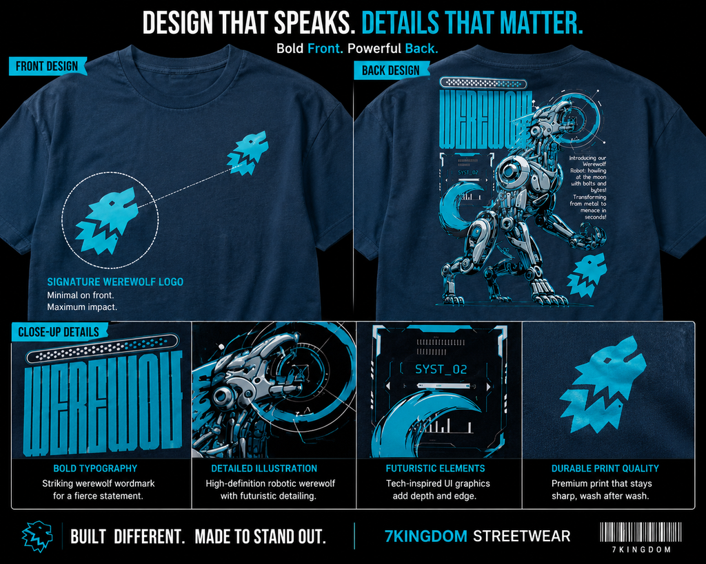 7KINGDOM Oversized Werewolf Graphic T-Shirt for Men | 240 GSM Heavyweight Cotton | Bio Washed Drop Shoulder Oversize Tee | Premium Streetwear TEAL BLUE