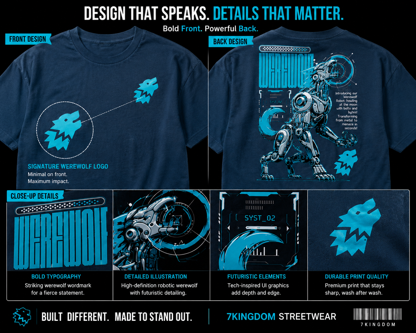 7KINGDOM Oversized Werewolf Graphic T-Shirt for Men | 240 GSM Heavyweight Cotton | Bio Washed Drop Shoulder Oversize Tee | Premium Streetwear TEAL BLUE